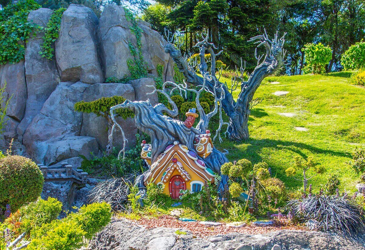 Gingerbread house of the witch from the fairy tale Haensel and Gretel View of the richly decorated gingerbread house of the wicked witch from the fairy tale Hansel and Gretel at Le Pays des Contes de Fees