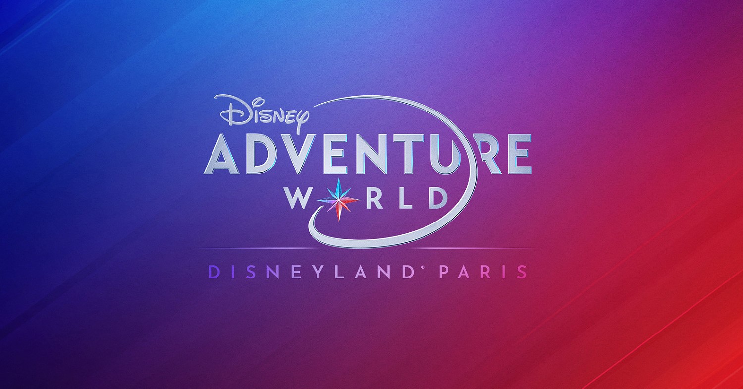 Disney Adventure World Graphic with a gradient from blue to red with the lettering Disney Adventure World - Disneyland Paris