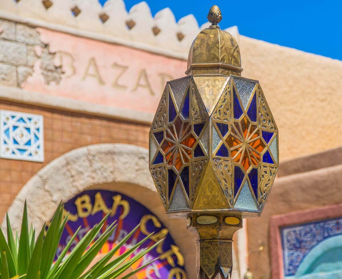 Oriental lantern in front of the Agrabah Cafe a richly decorated oriental lantern at the Arabian bazaar in Adventureland