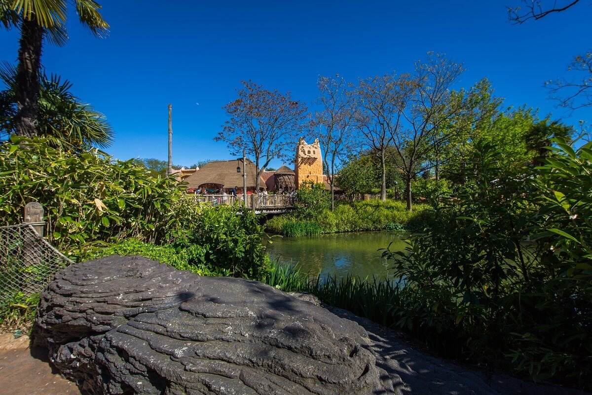 View of the Africa area and the Adventureland lake View of parts of the Africa area from a distance