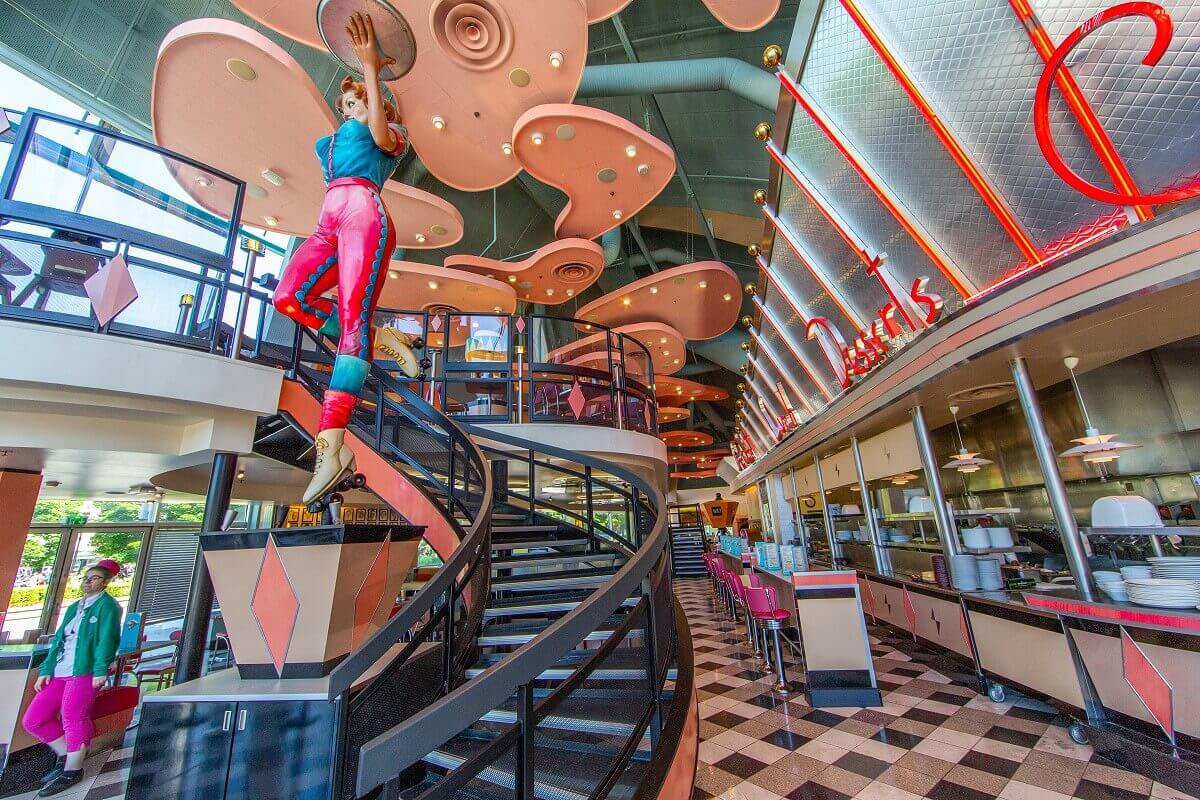 The inside of Annette's Diner The interior of Annette's Diner: On the left in the middle an oversized figure of a waitress on roller skates, in the middle the staircase to the seats of the gallery, on the right the counter of the open kitchen.