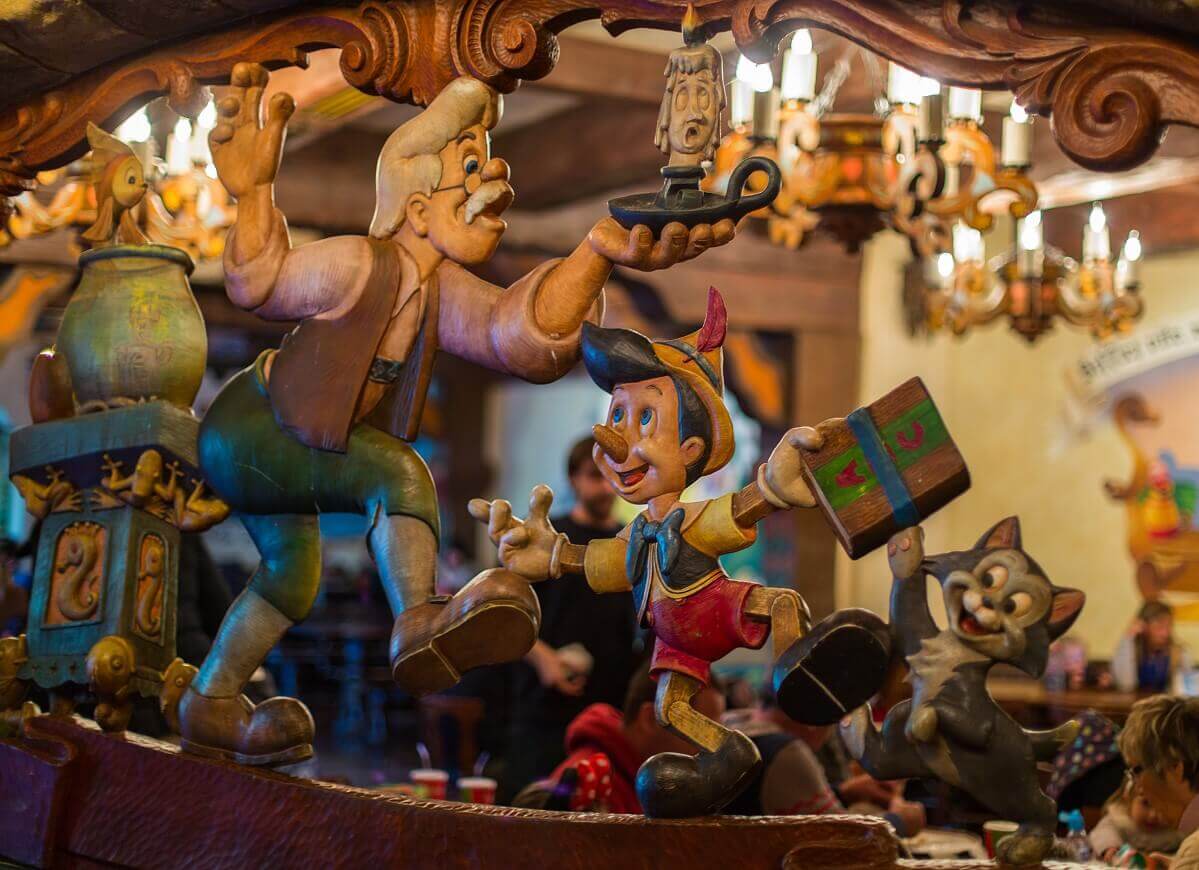 Wood carving in the restaurant Au Chalet de la Marionette View of a decorative wooden design element in the shape of Pinocchio and Gepetto