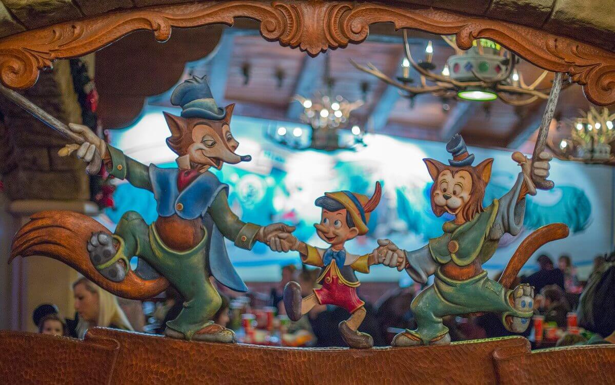 Interior design of the restaurant decorative wooden element with characters from the Disney movie Pinocchio