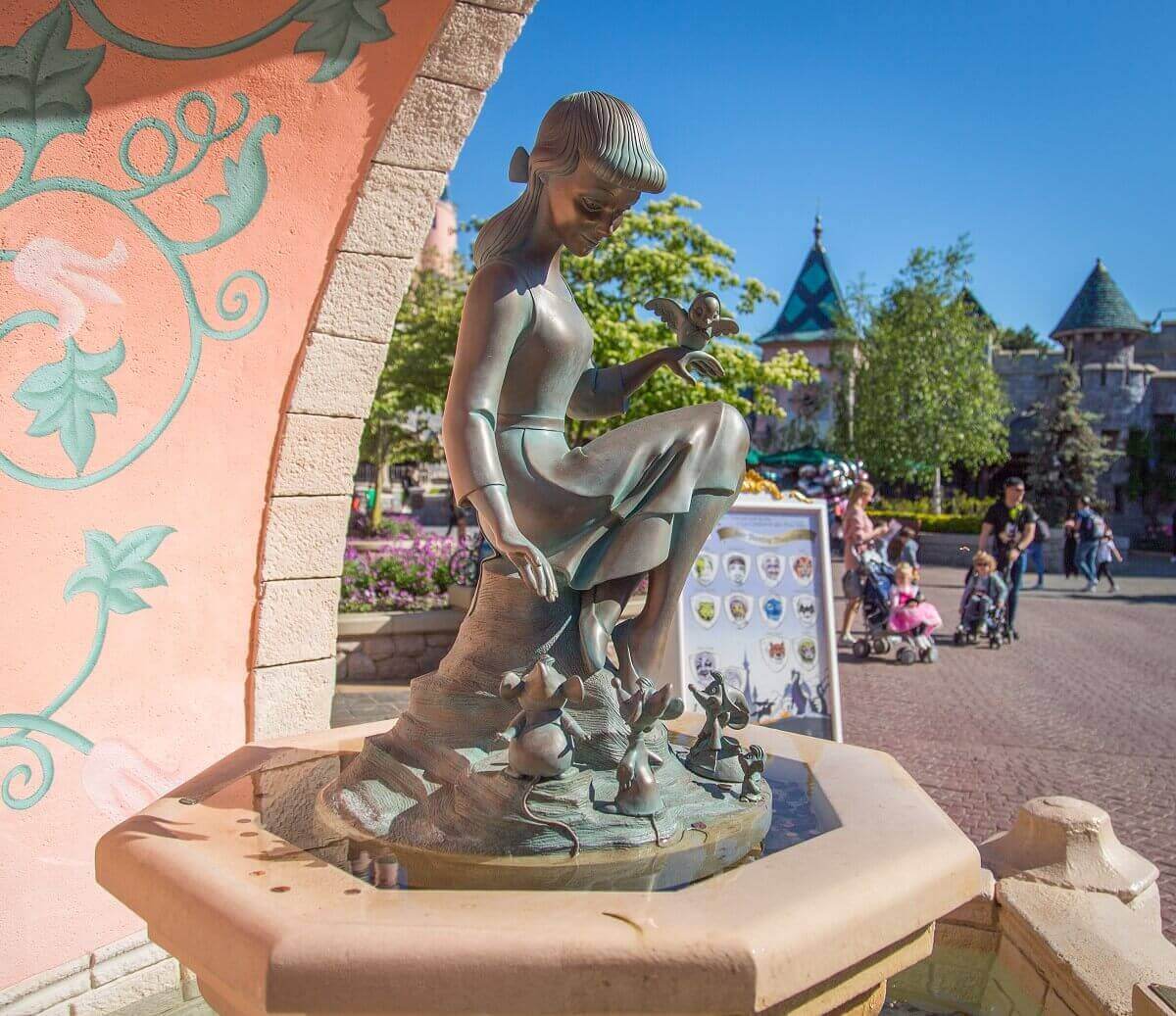 Fountain at the Auberge a small fountain with a figure of Cinderella and the little mice at the Auberge de Cendrillon