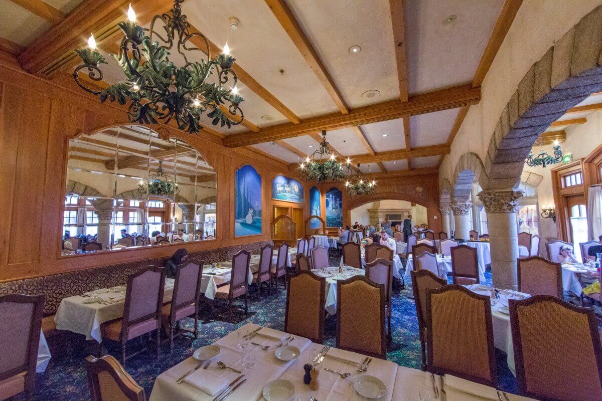 Guest room View into the wood paneled dining room of Cinderella's Restaurant