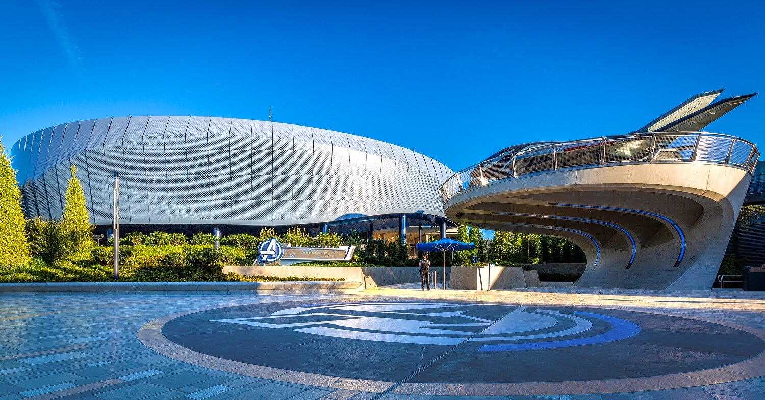 Avengers Campus at Disneyland Paris The Avengers Campus with the Quinjet on the right and the Avengers Assemble: Flight Force building on the left of the picture.