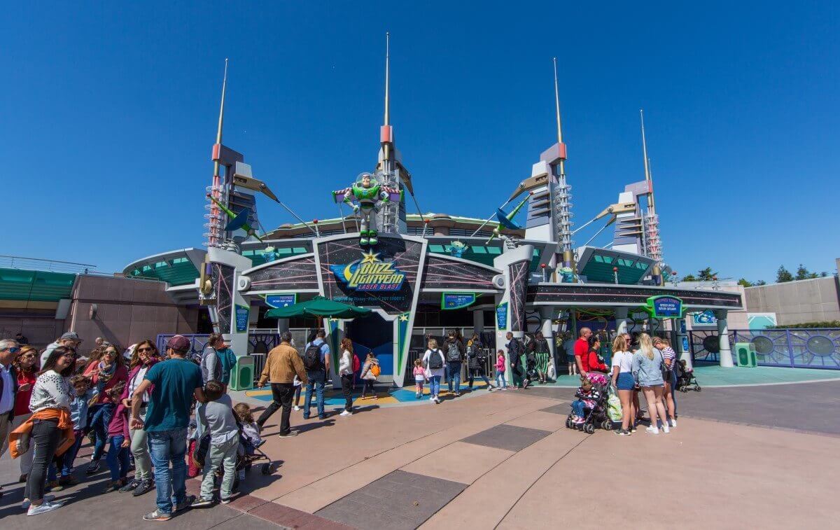 Exterior view of Buzz Lightyear Laser Blast View from the outside of the futuristic looking building of the attraction Buzz Lightyear Laser Blast