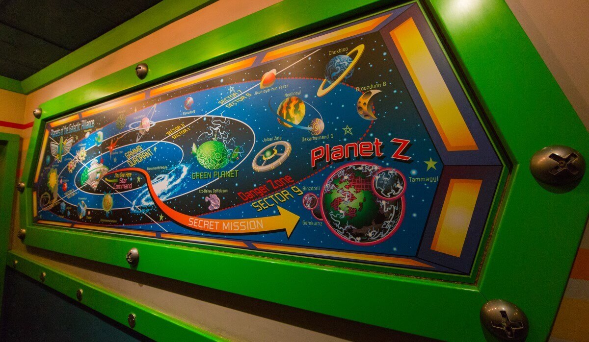 Design in the waiting area a large mural of the planets of the galactic alliance