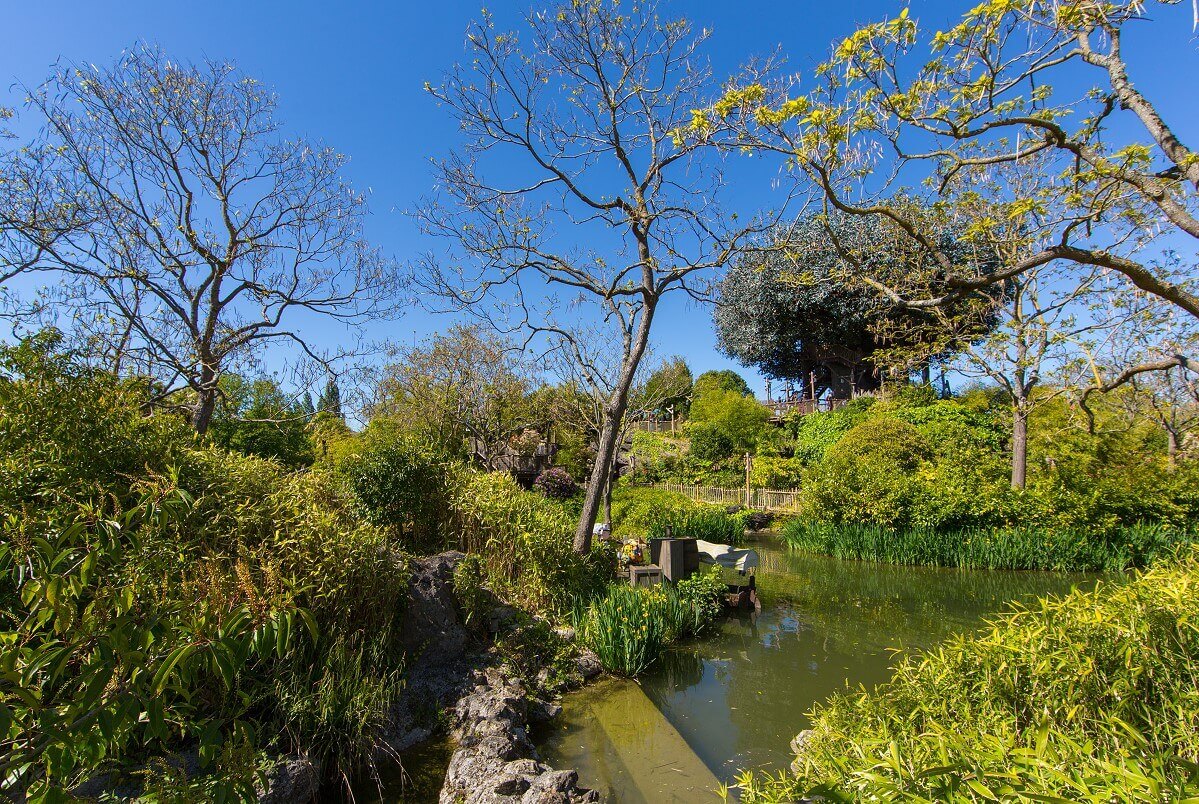 Adventureland lake and tree house of the Robinson family View into the Adventureland area and the tree house of the Robinson family