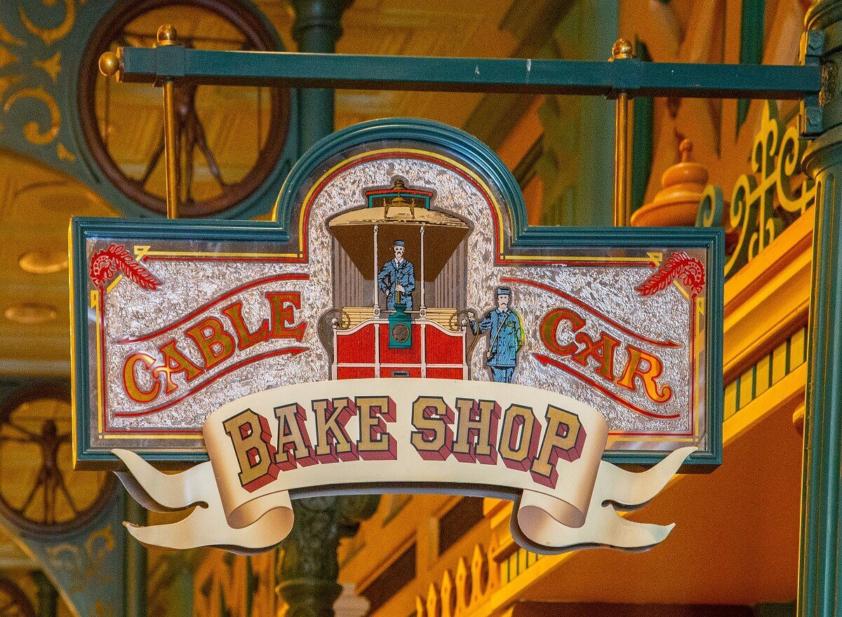Glass sign of the Cable Car Bake Shop Glass sign of the Cable Car Bake Shop above the entrance in the Discovery Arcade