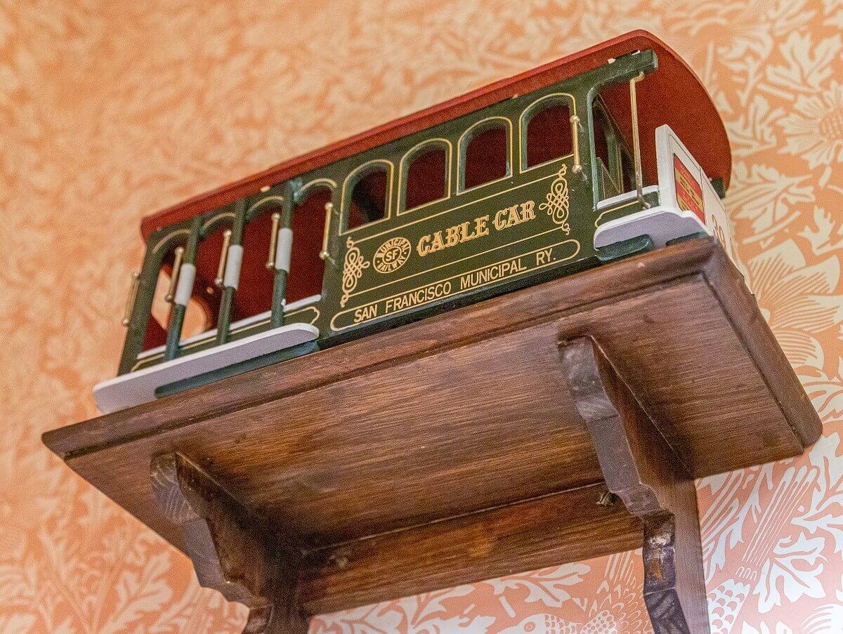 Model of a tram car Model of a green-red car of the streetcar of the San Francisco Municipal Railway