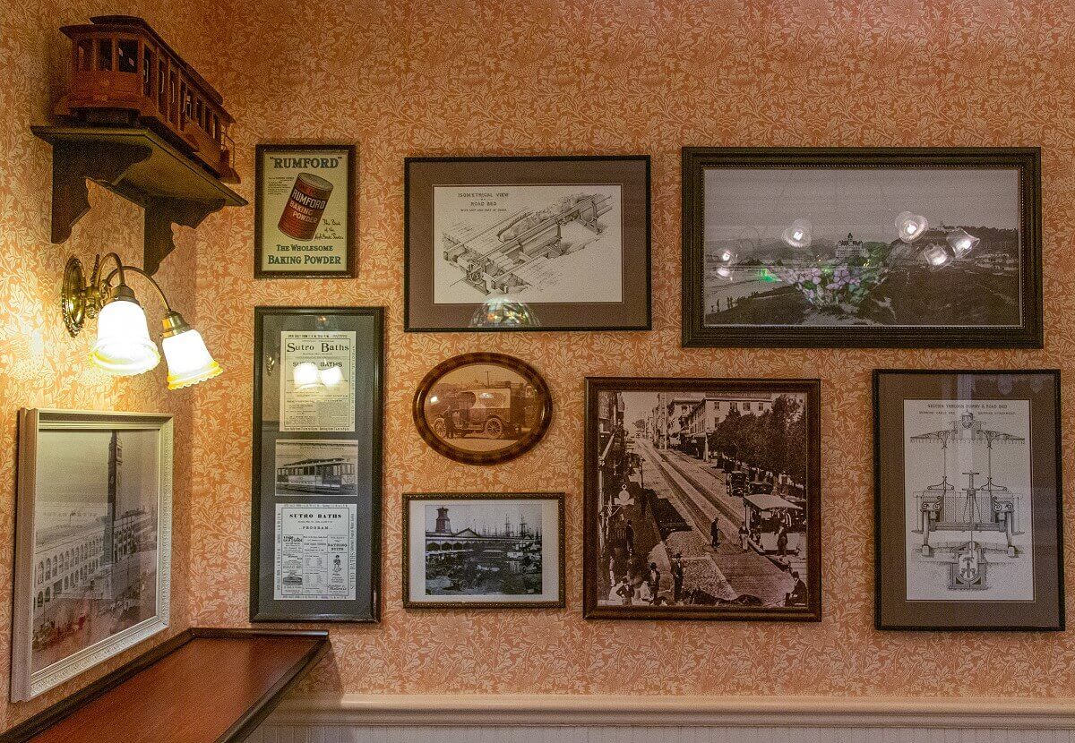 A wall full of historical pictures A wall full of historical pictures: Black-and-white photos of San Francisco, technical drawings, advertising posters...