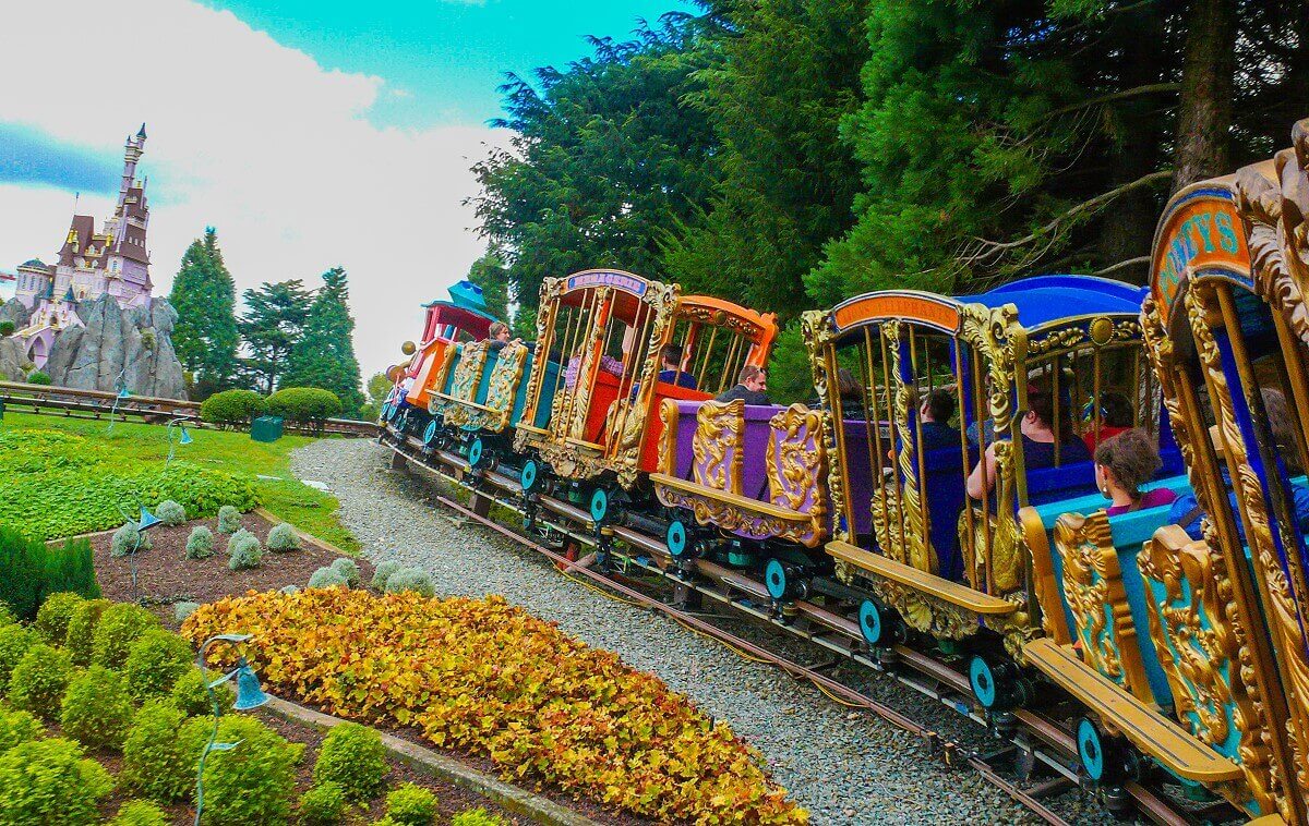 uphill ride the circus train Casey Jr. climbs a small hill on its journey along the Pays des Contes de Fees