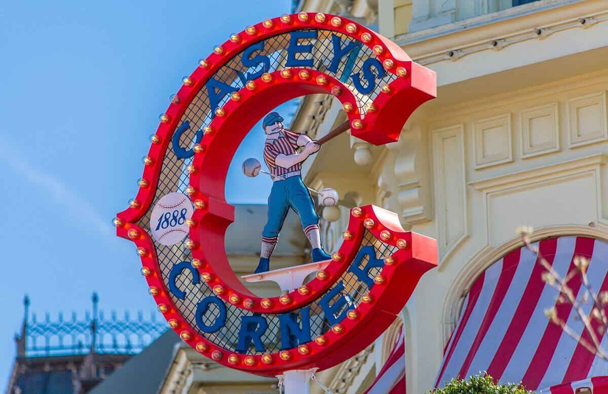 Casey's Corner entrance sign The entrance sign to Casey's Corner consists of a large red C outlined with light bulbs with a baseball player in the center. In addition to the name, the C also contains the year 1888.