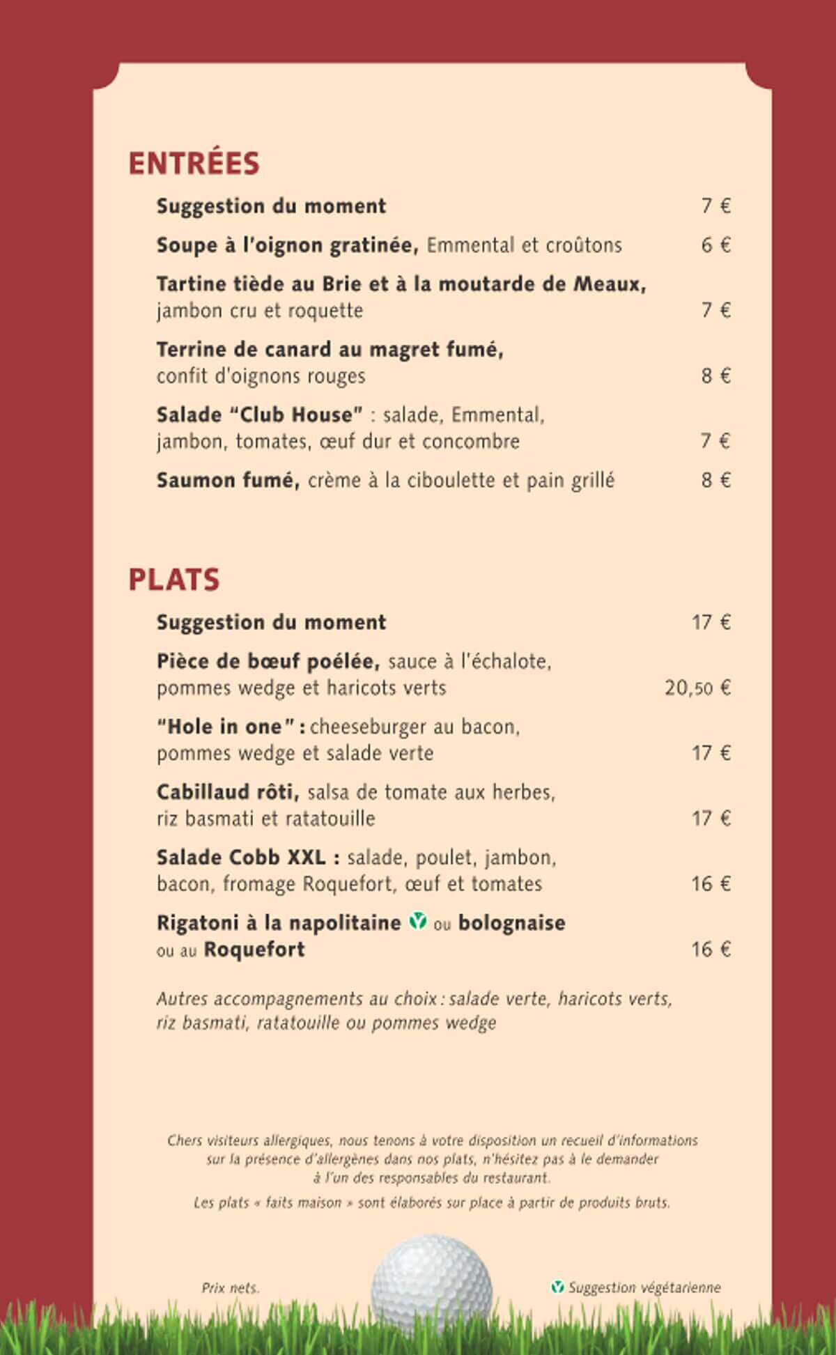 Menu with starters and main courses Menu with prices for starters and main courses in the Clubhouse Grill