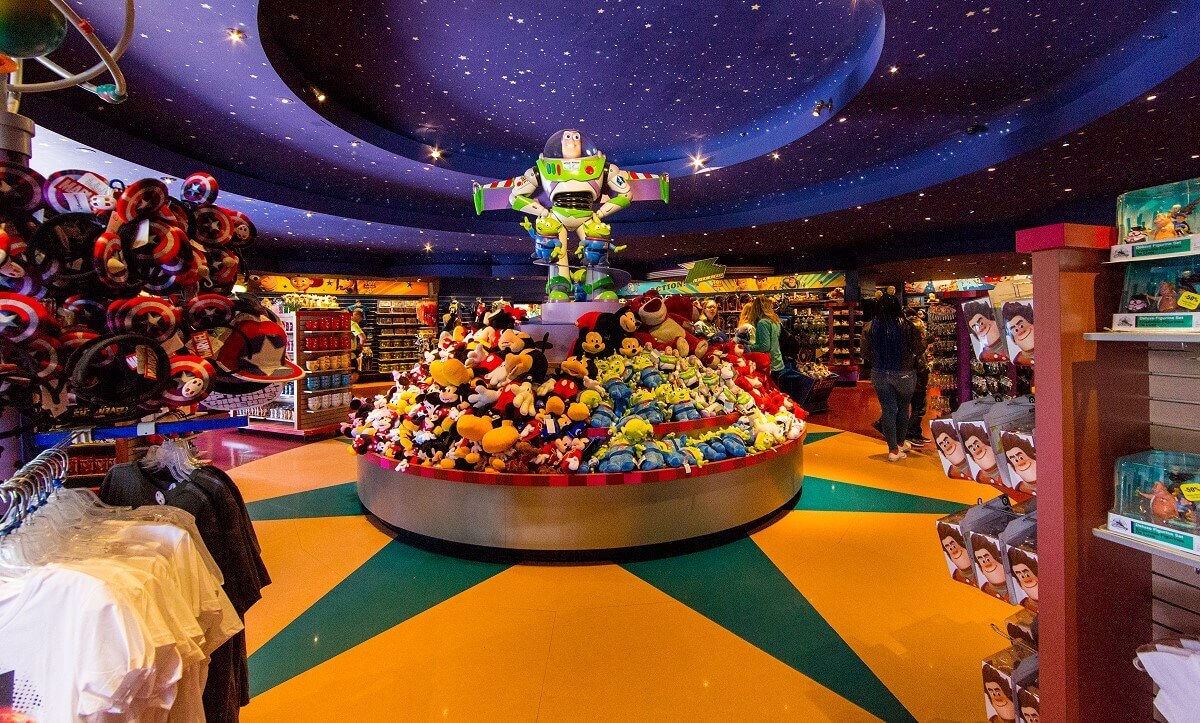 Constellations from the inside View inside the shop Constellations with sky blue ceiling and a Buzz Lightyear figure in the center