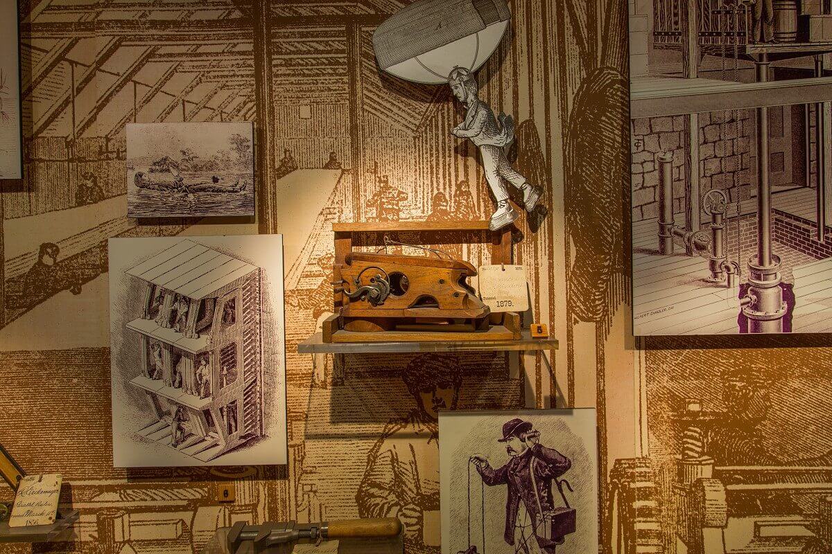 Showcase with patent models and sketches Showcase with patent models and sketches