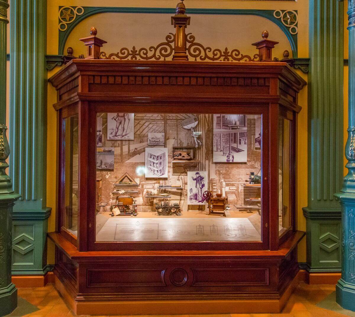 Showcase with patent models of various industrial machines Showcase with patent models of various industrial machines