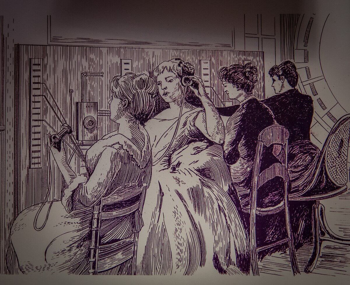 Sketch of telephone operators at work Sketch of telephone operators at work