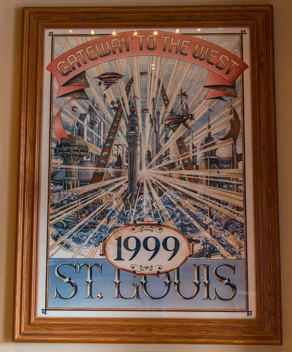 St. Louis 1999 Futuristic vision of St. Louis 1999 as Gateway to the West with buildings in steampunk look & airships