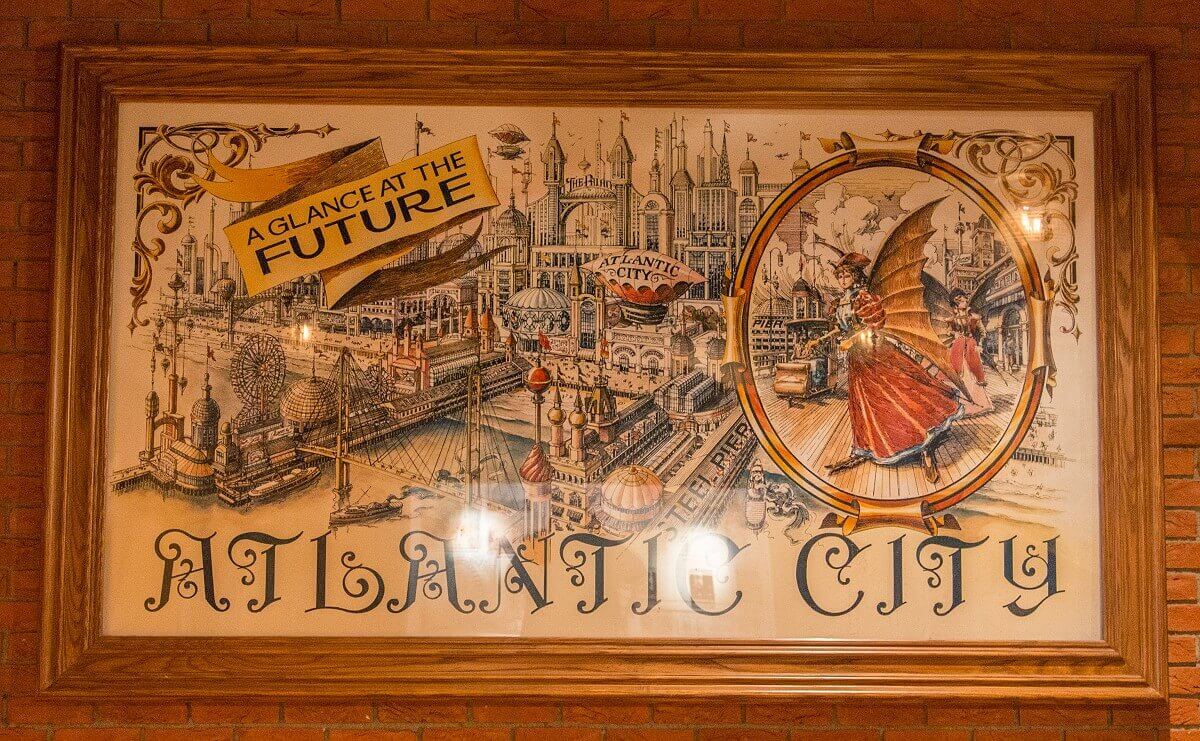 Today's Atlantic City as imagined in the late 19th century. Today's Atlantic City as imagined in the late 19th century with wings for people and full of skyscrapers flying around the zeppelins