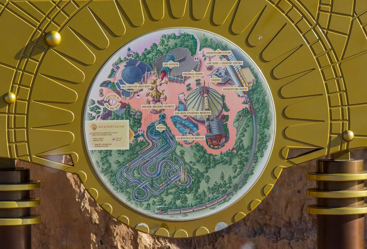 Map of Discoveryland in the lower part of an information board you can see the map of Discoveryland