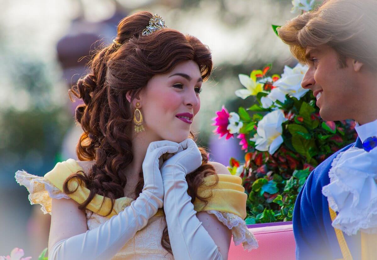 Belle and Prince Adam Belle looks at her prince with an amorous expression