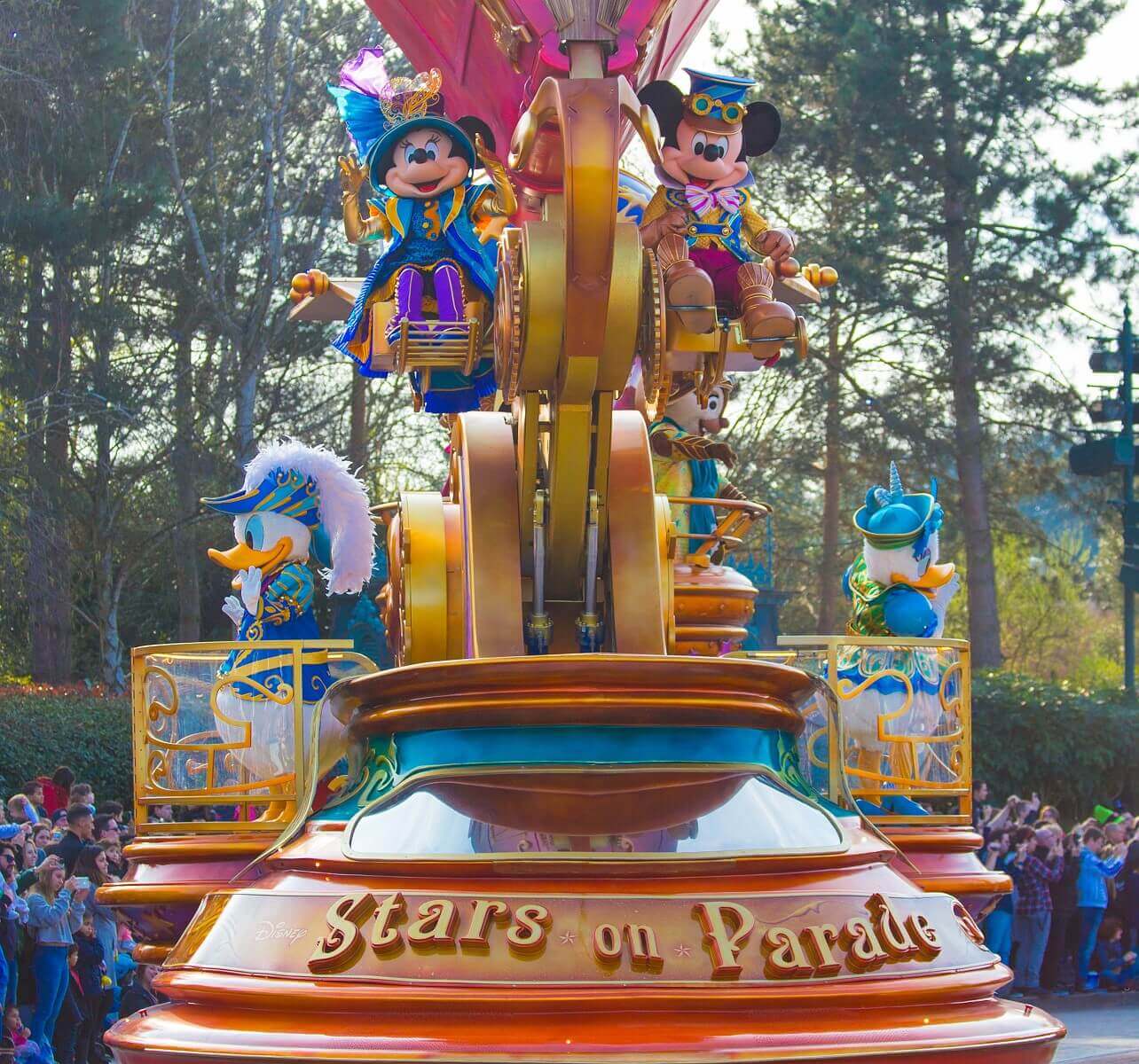 Frontal view of a parade float Frontal view of a parade float at Stars on Parade with Mickey and Minnie and Donald and Daisy