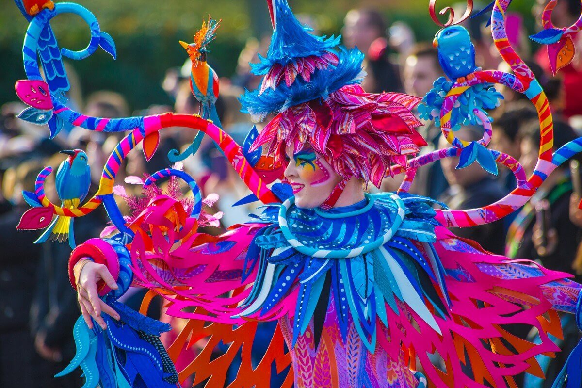 Bird Dancer A dancer in a bird costume. From her shoulder are branches on which colorful birds have settled down