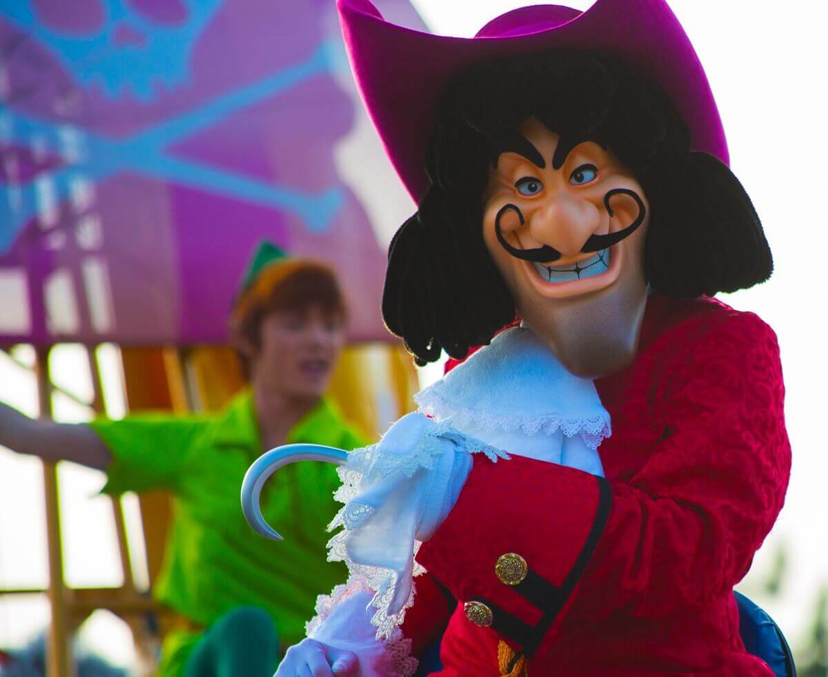 Captain Hook with Hook Hand Close up of Captain Hook showing his hook and smiling nastily as he does so