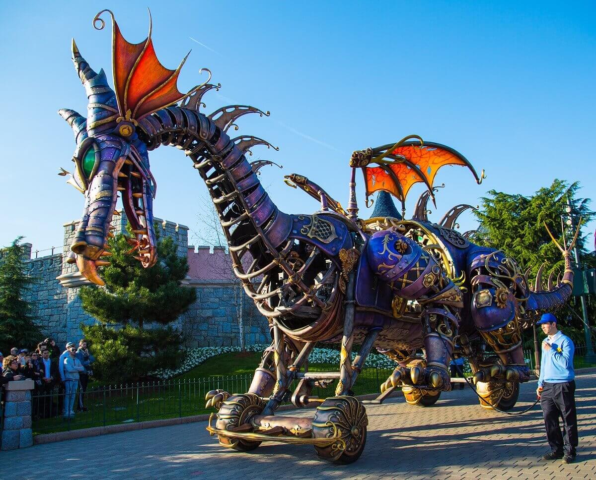 Long shot of the kite Wide shot of the mechanical dragon at Disney Stars on Parade