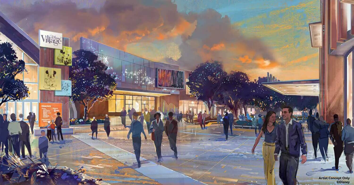 Concept art for the redesign of Disney Village A concept drawing shows the planned redesign of the Disney Village in Disneyland Paris