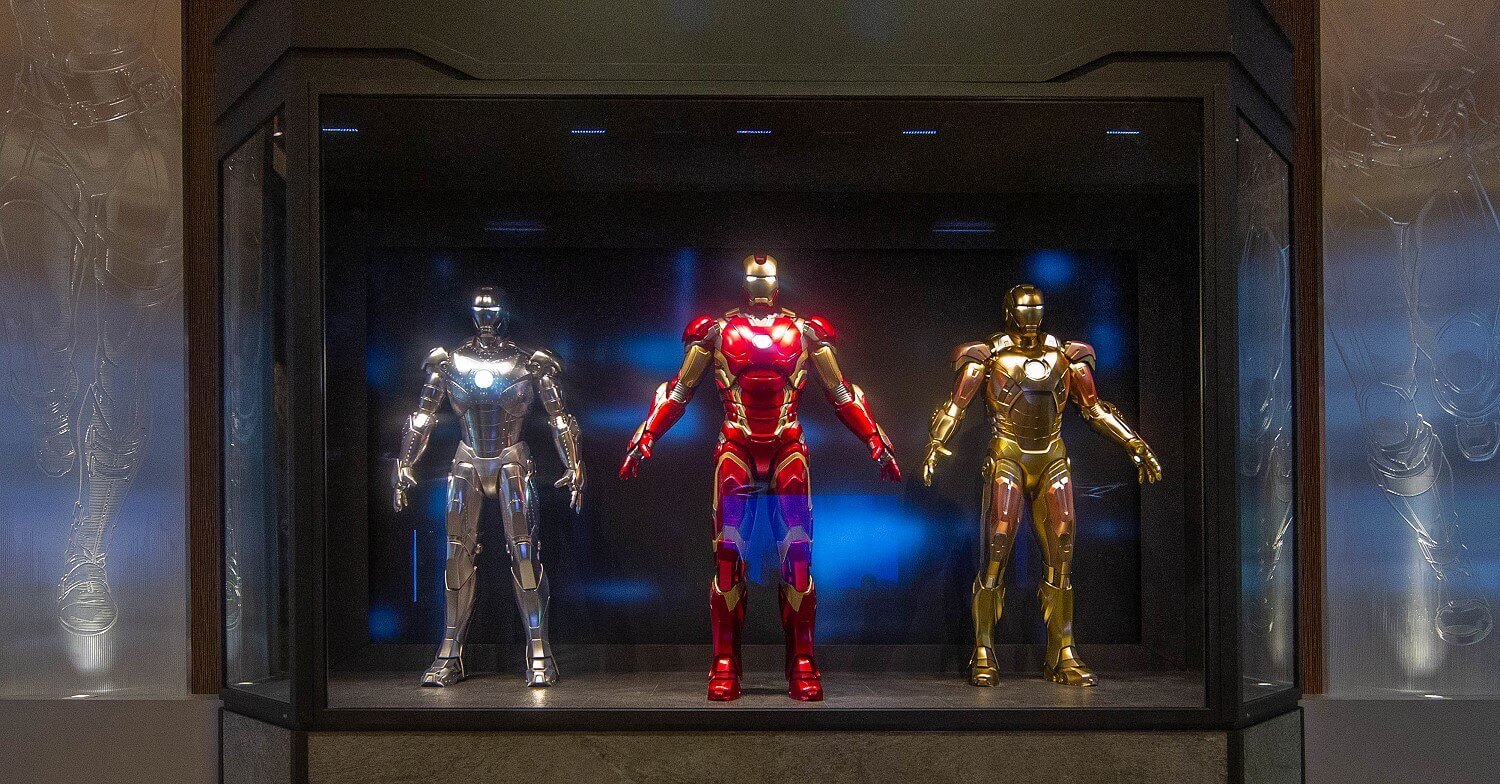 Disney's Hotel New York - The Art of Marvel Three Iron Man suits in the Lobby of Disney's Hotel New York - The Art of Marvel