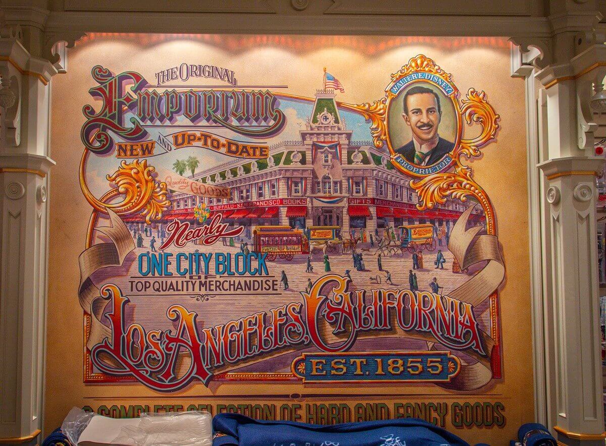 Mural of the original emporium Mural of the original emporium: The Original Emporium - One Block of Top Quality Merchandise, Los Angeles, California, establishes 1855. Top right corner a picture of the owner: Walter E. Disney.