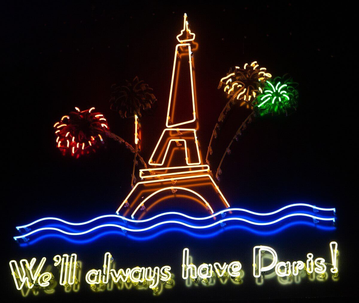 Neon advertising with Casablanca slogan Neon sign with the quote We'll always have Paris! from Casablanca
