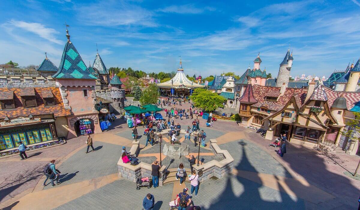 View into Fantasyland View from Sleeping Beauty Castle to Fantasyland and Excalibur in the stone