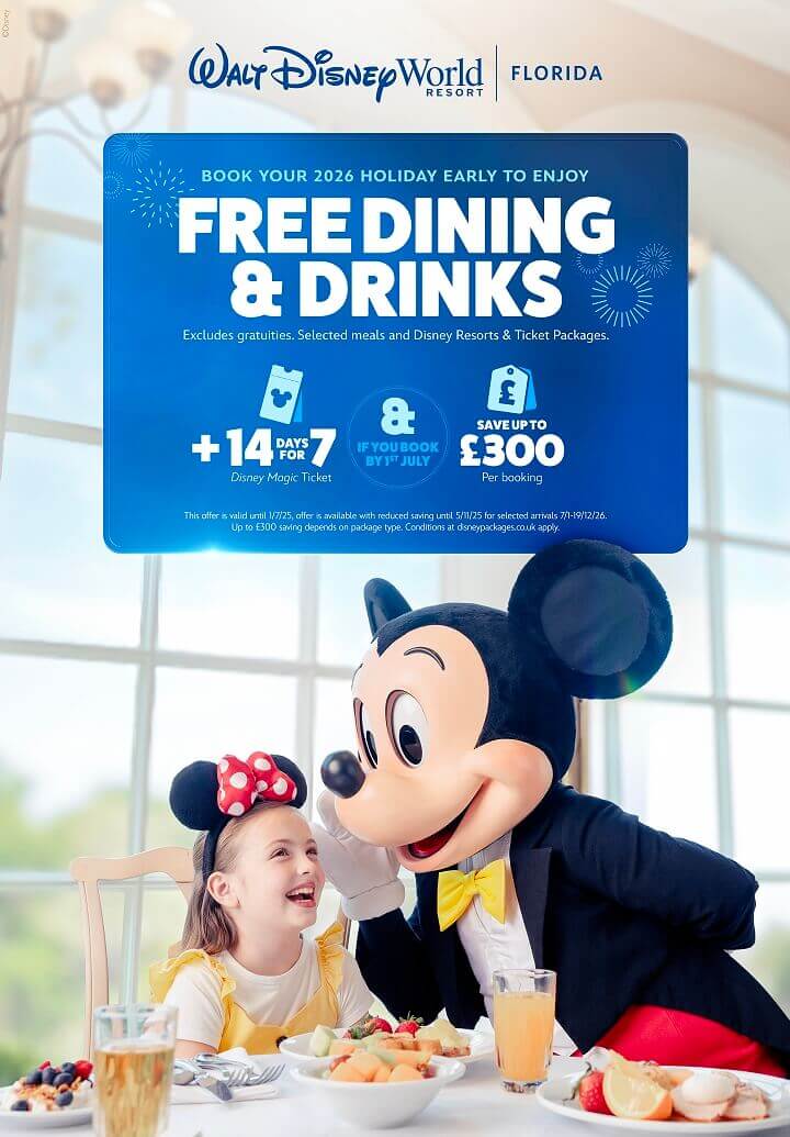 Free Dining Offer 2026: Free food and drinks, 14-day Magic Tickets including Memory Maker for the price of 7 days, up to $200 discount, refillable resort mug, and much more - mobile view