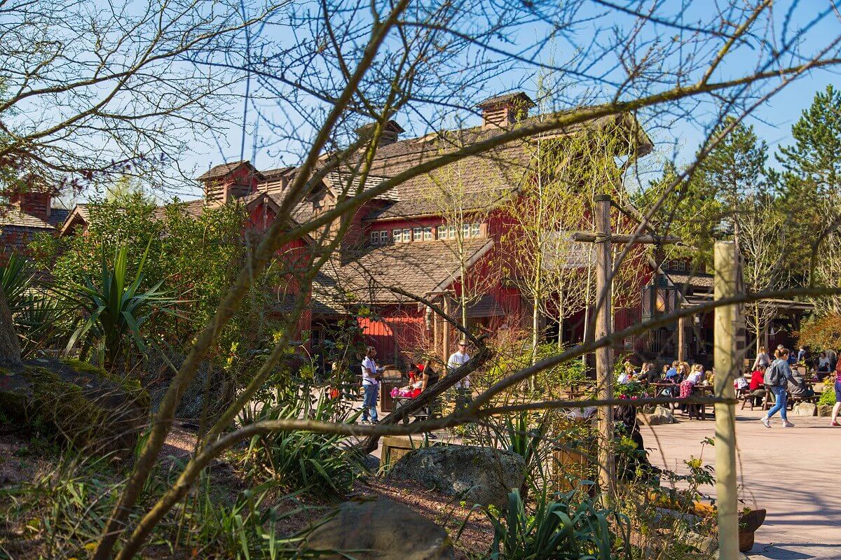 Way to the Cowboy Cookout Through some branches and bushes you look at the red barn of the Cowboy Cookout