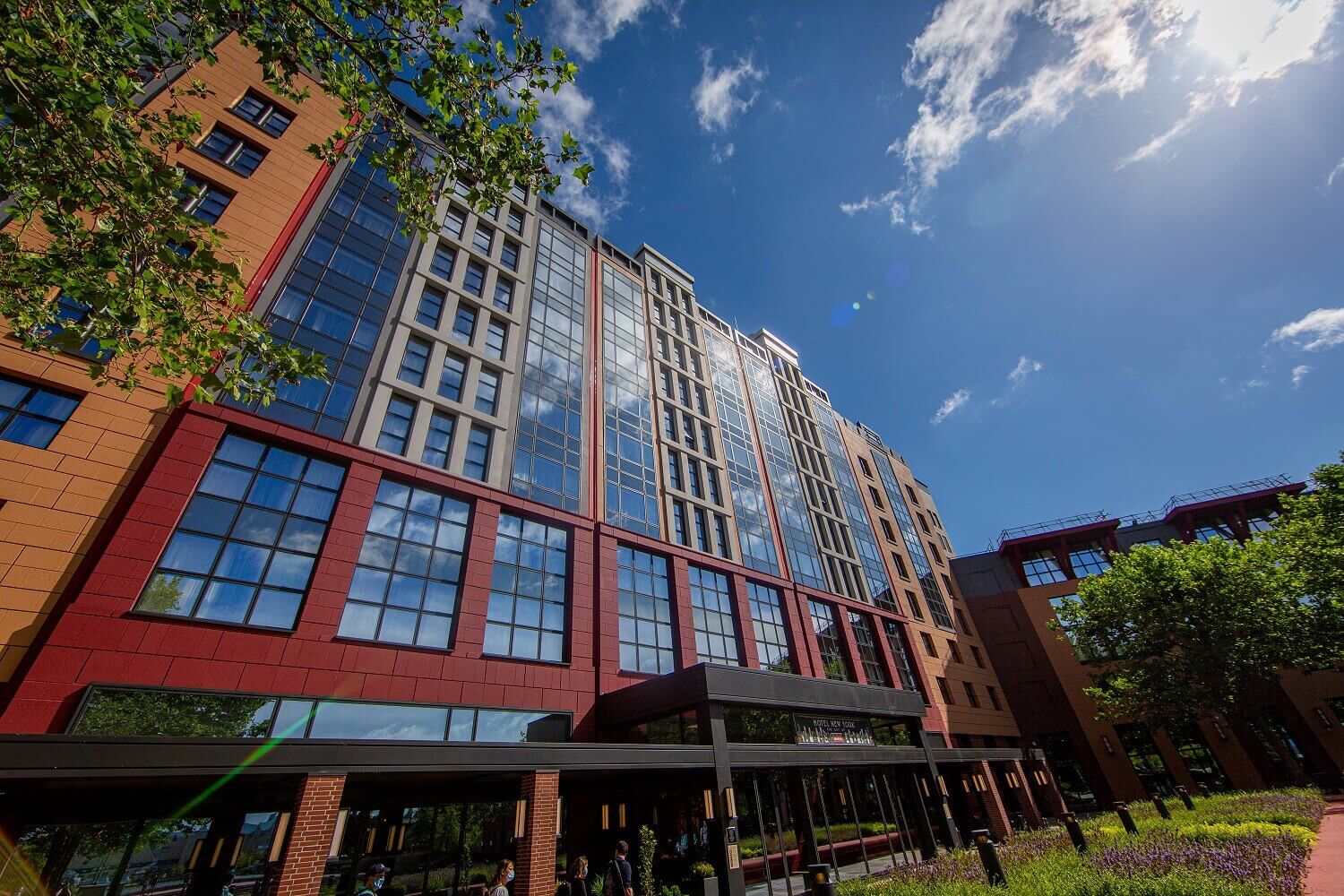 Exterior facade of the hoteL The exterior facade of the hotel in style of the New Yorks skyscrapers.