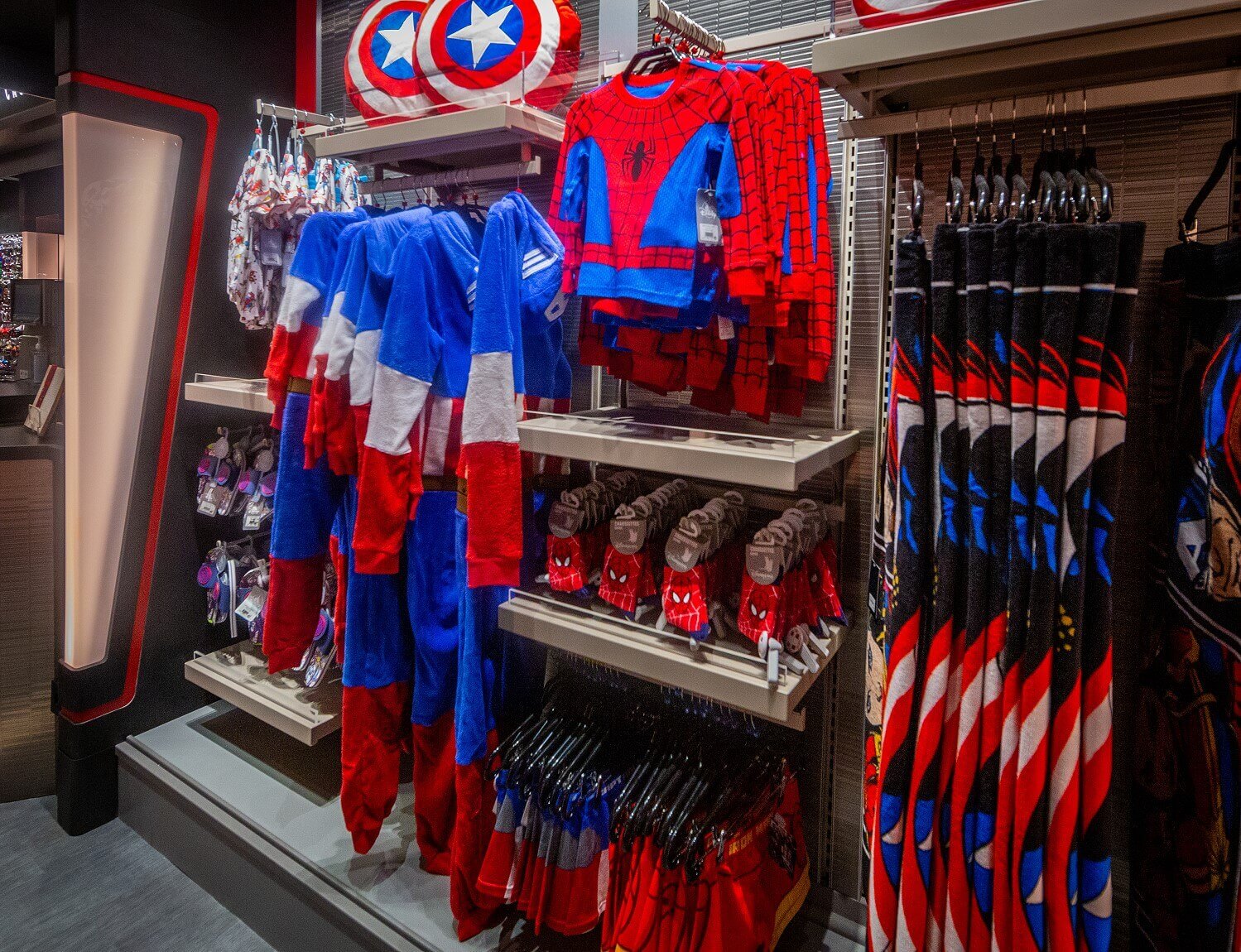 Hotel shop Captain America and Spider-Man costumes in the hotel shop
