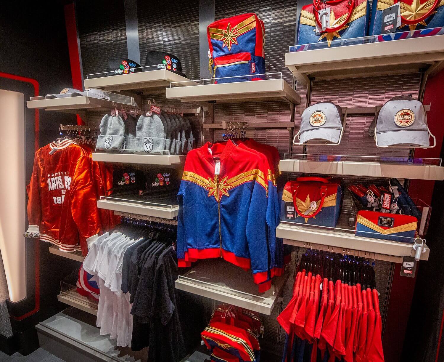 Shop in the hotel Merchandise items in the hotel's shop, including hats, caps, bags and jackets