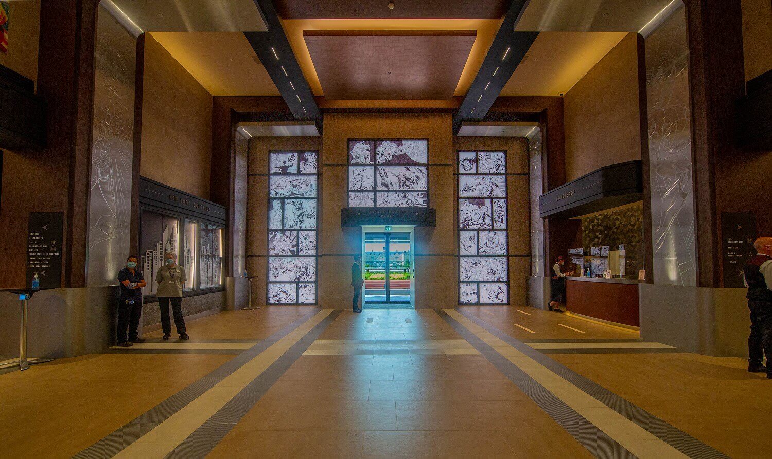 Lobby of the hotel View into the lobby, with comic drawings around the entrance.