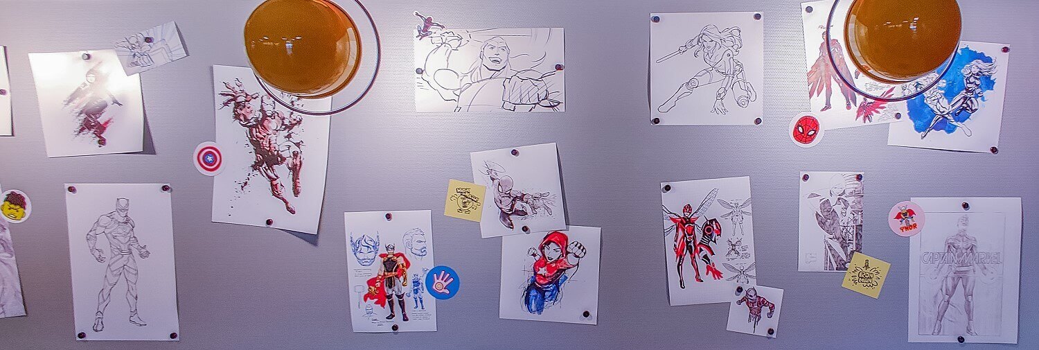 Sketches in the Marvel Design Studio Sketches of Marvel heroes hang on the walls at the Marvel Design Studio.