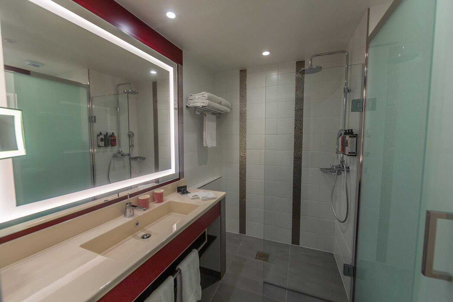 Empire State bathroom A look into the bathroom with a walk-in shower, sink and mirror