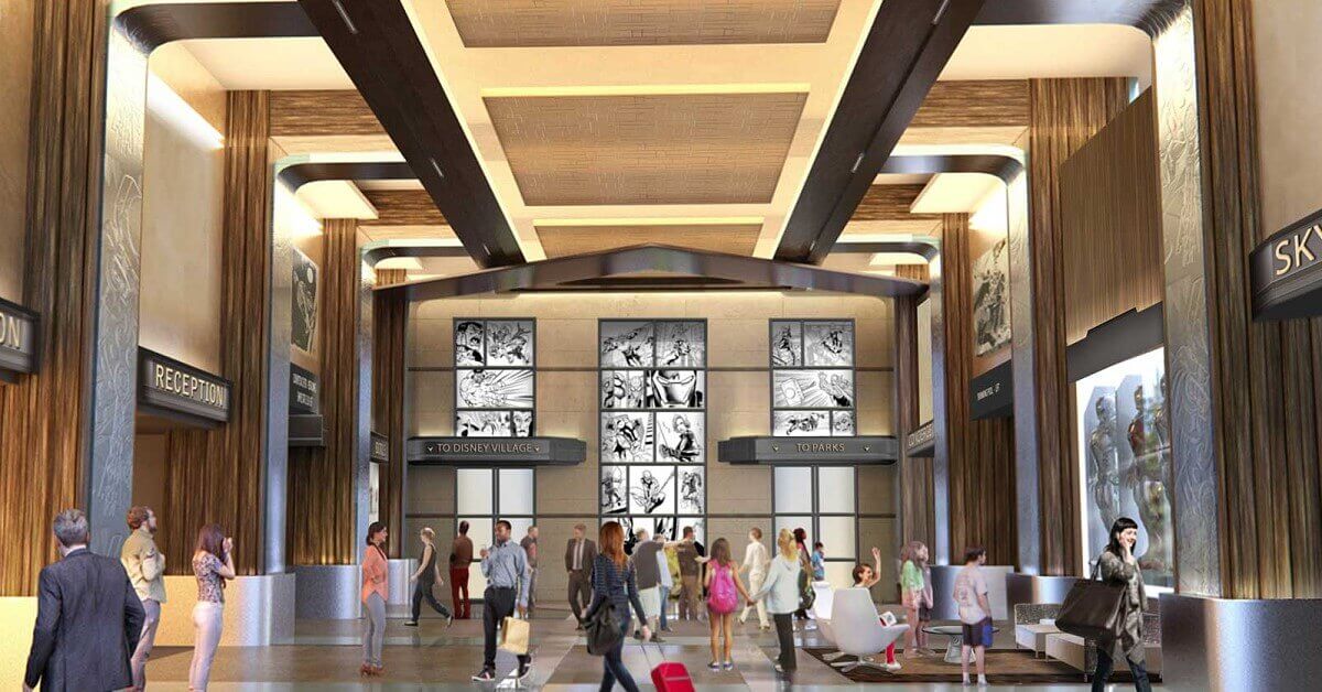 Hotel New York - The Art of Marvel Concept art of the new lobby area with Marvel art pieces
