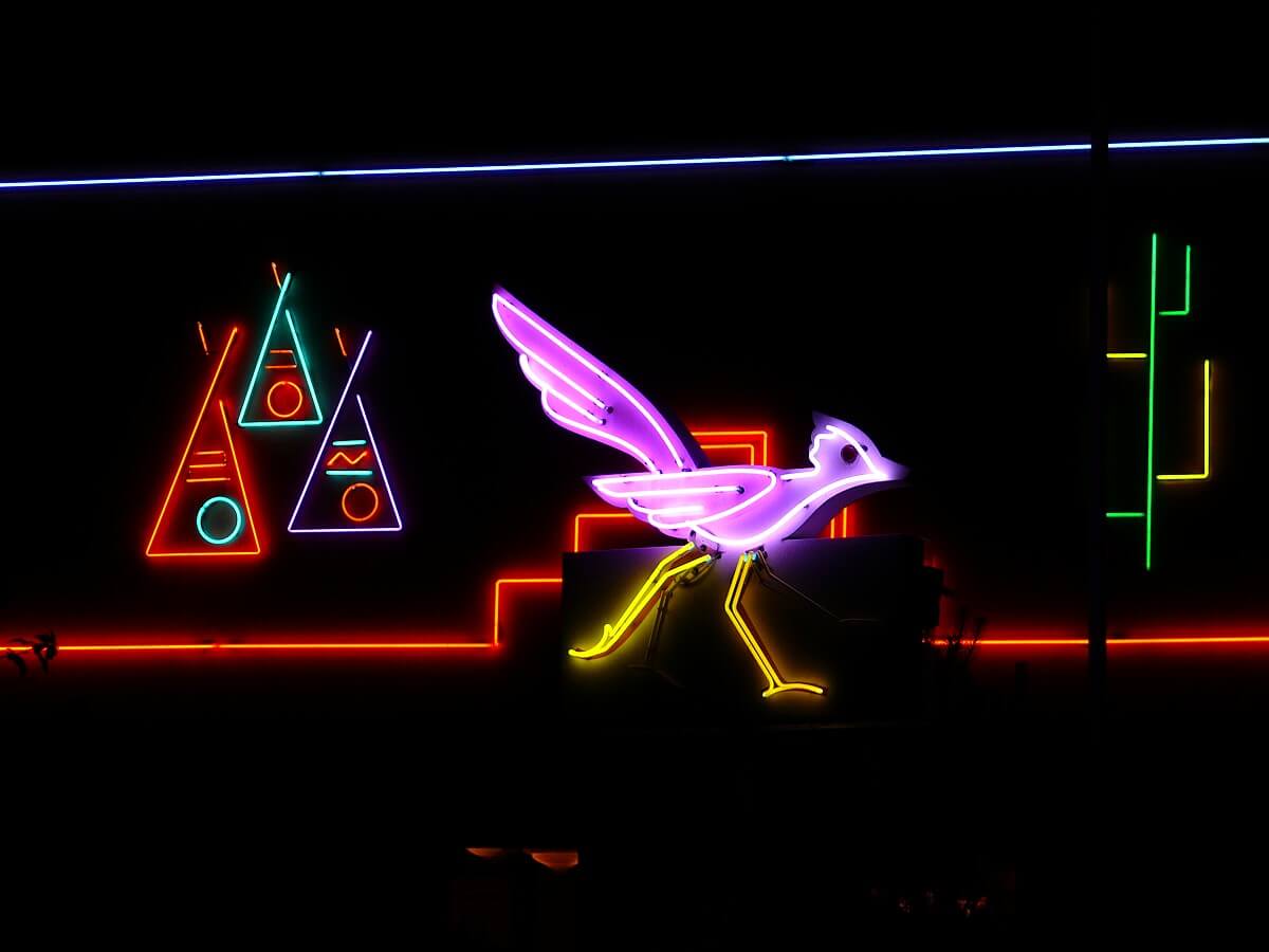 Neon light decoration at Hotel Santa Fe A neon light decoration consisting of an Indian tent, bird and cactus at the Hotel Santa Fe.