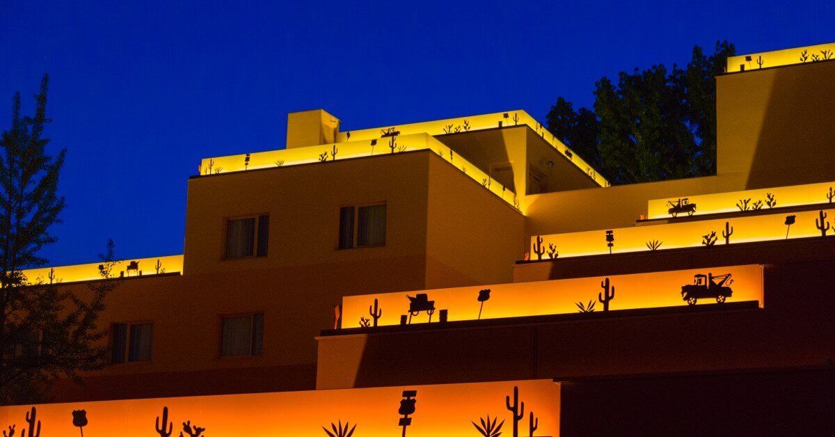 Disney's Hotel Santa Fe View over the rooftops of Disney's Hotel Santa Fe at night