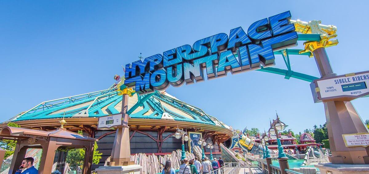 Entrance to Hyperspace Mountain View of the big sign with the inscription Hyperspace Mountain above the entrance to the attraction of the same name