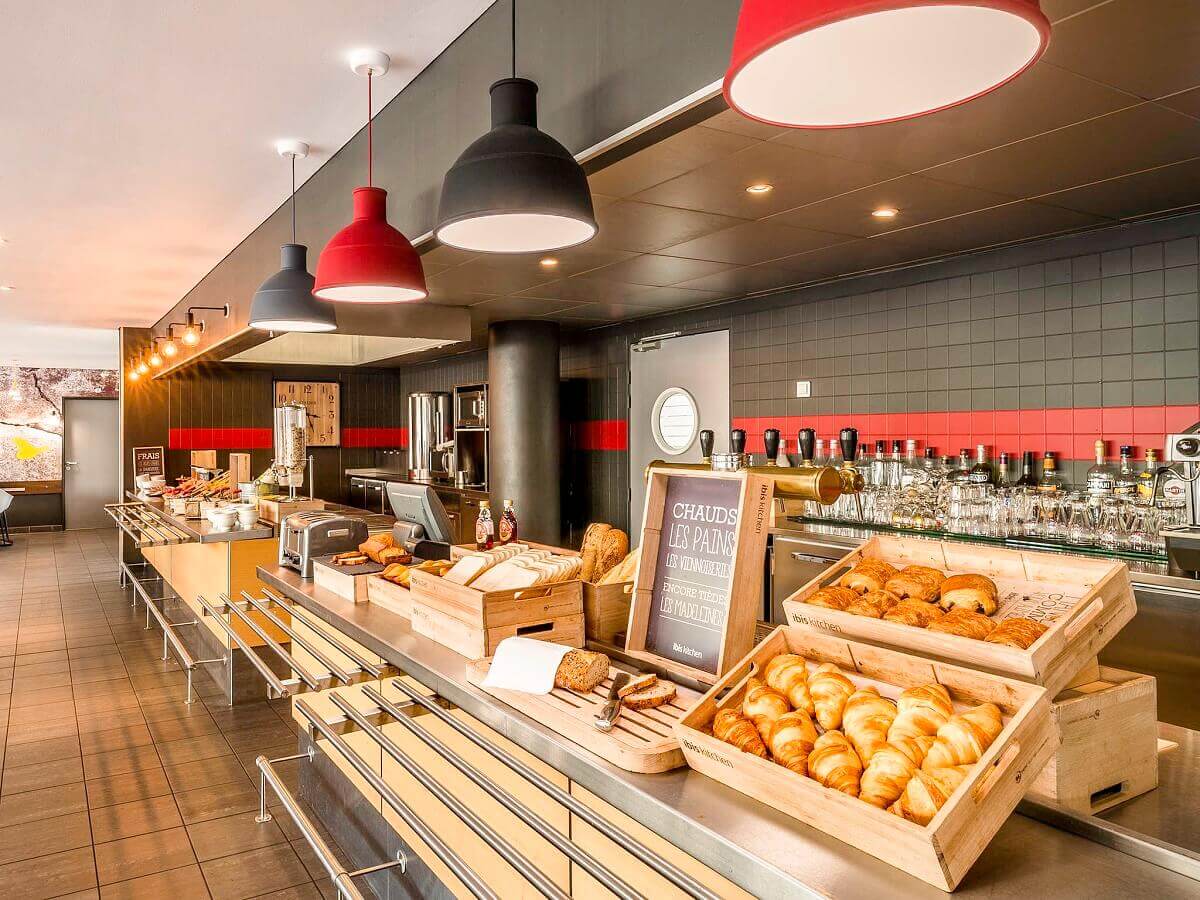 Breakfast buffet View of the breakfast buffet at the Ibis hotel with croissant and other breads