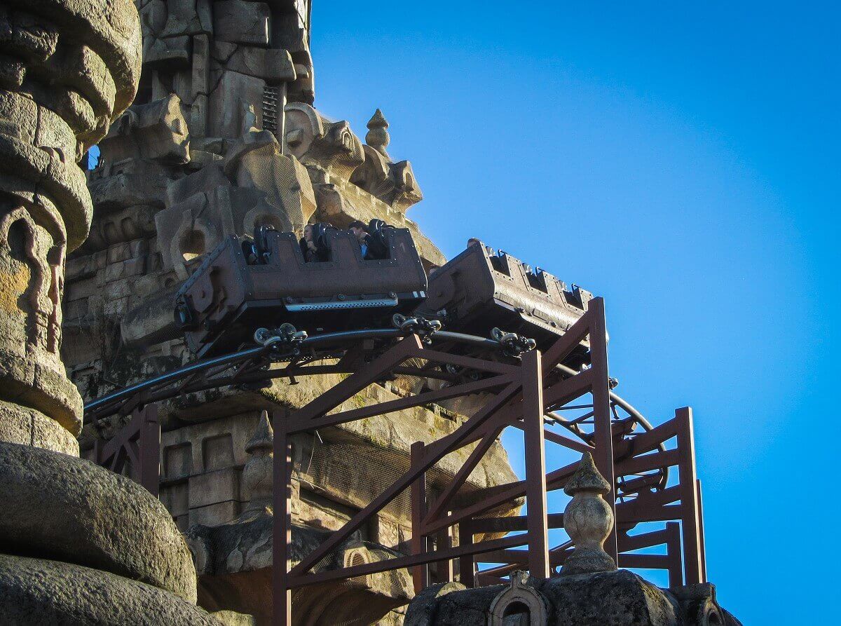 Wagons on rails at the attraction Indiana Jones et le Temple du Peril there is a wagon on rails high up at the temple